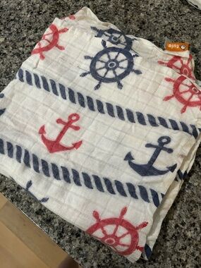 Tula White Muslin Swaddle with Navy and Red Nautical Anchors & Wheels